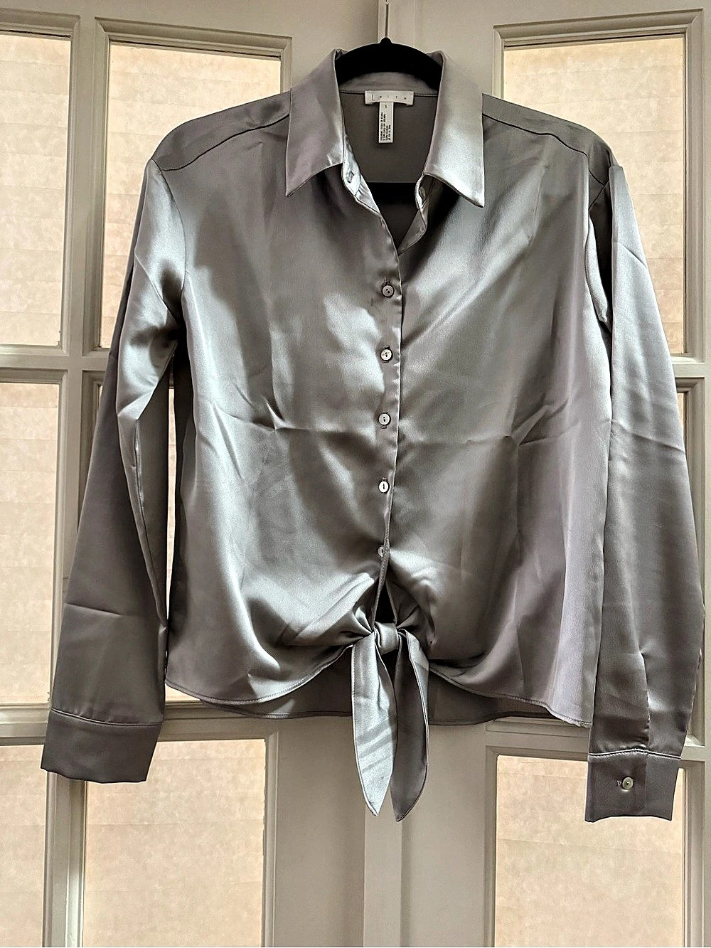 LEITH Tie-Front Button Down Shirt Metallic Gray Small Like New